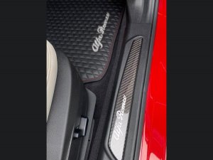 Alfa Romeo Giulia Floor Mats - Italian Leather - Front - Black w/ Red Stitching - White Script